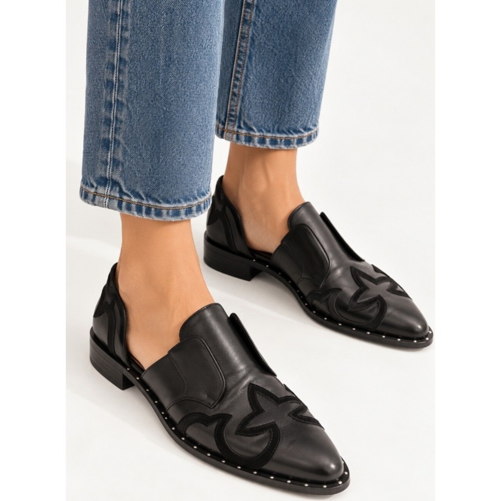 Freda Salvador Black Leather DOrsay Studded Western Flame Loafers Size 8.5 Spain